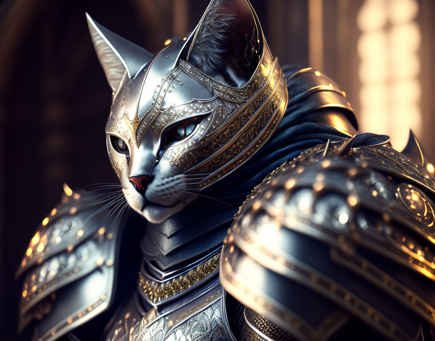 Detailed 3D Rendering: Cat in Medieval Armor with Golden Accents