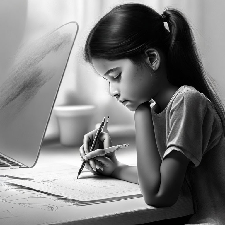 Young girl writing in notebook with laptop in black and white.