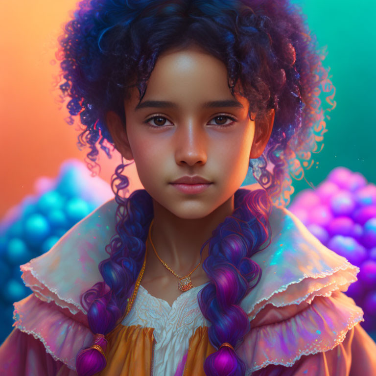 Young girl with blue curly hair in vintage dress surrounded by colorful balloons