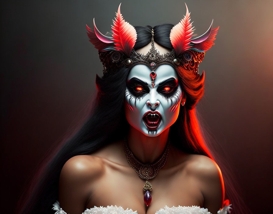 Woman with red-eyed demonic makeup, horned headpiece, and ornate necklace on moody backdrop