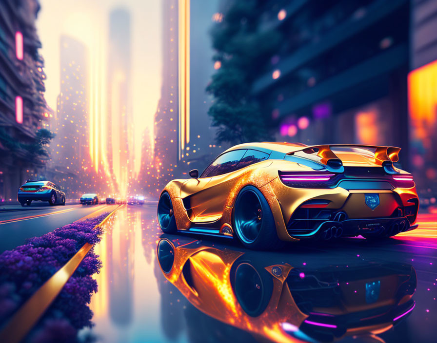 Futuristic cityscape with glowing skyscrapers and luxury cars on illuminated street