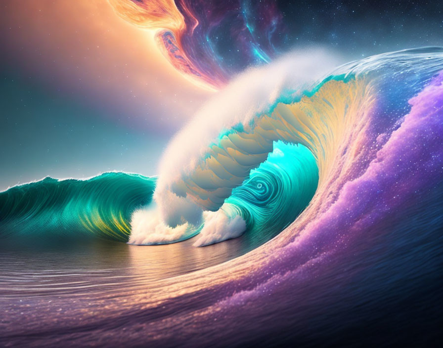 Surreal cosmic wave art merges sea and space