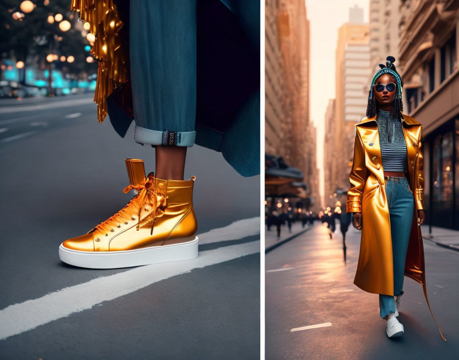 Fashionable individual in golden coat and sunglasses with shiny sneakers on city street