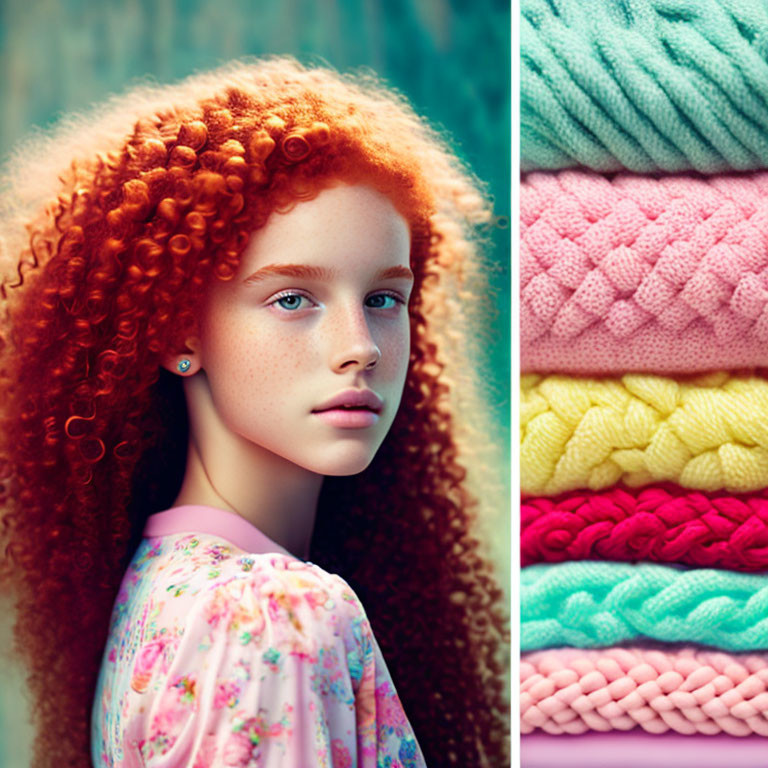 Curly Red-Haired Girl in Floral Blouse with Colorful Knitted Fabrics