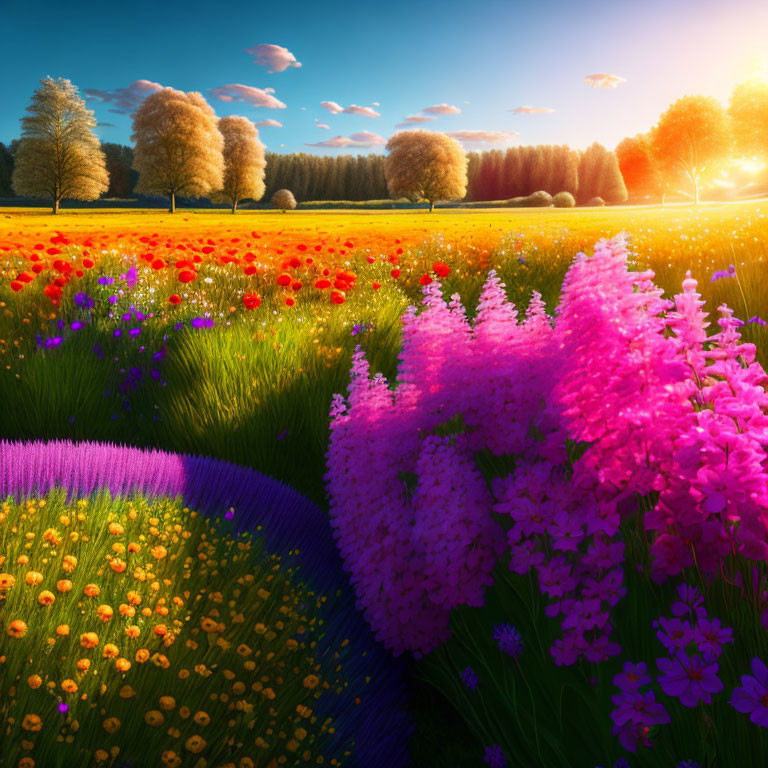 Colorful Flower Field Sunset Scene with Pink, Purple, and Red Blooms