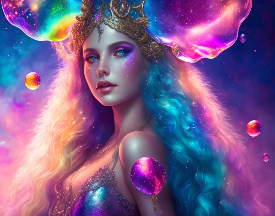 Multicolored hair portrait with celestial horns and cosmic background.