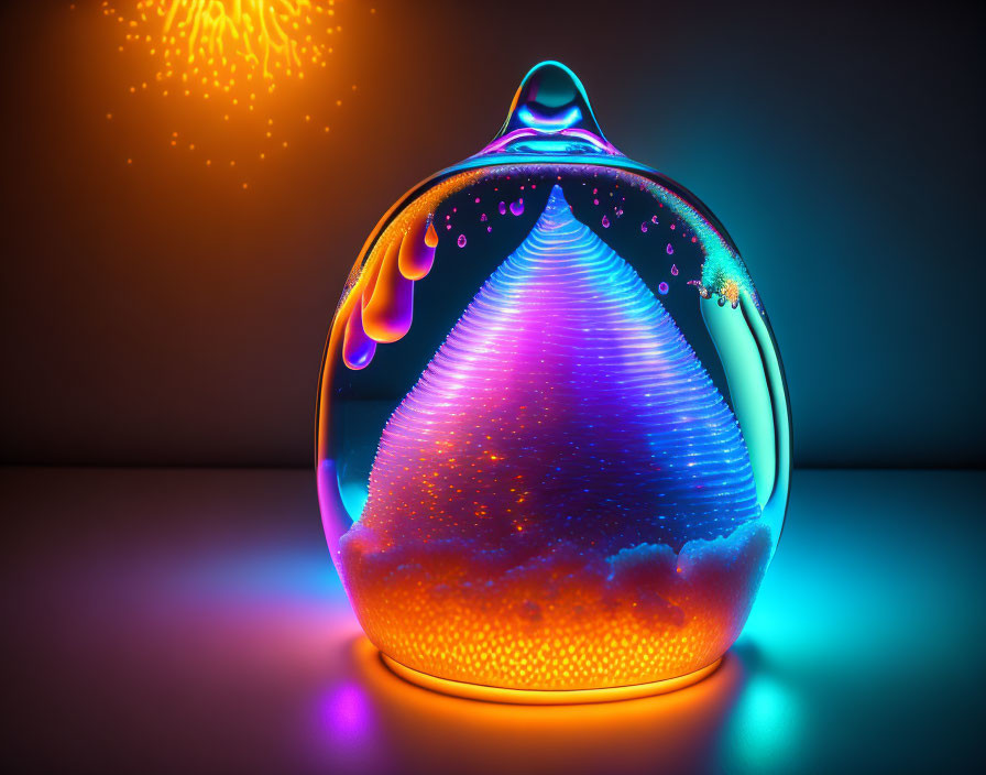 Colorful Glass Paperweight with Neon Spiral Pattern and Firework Background