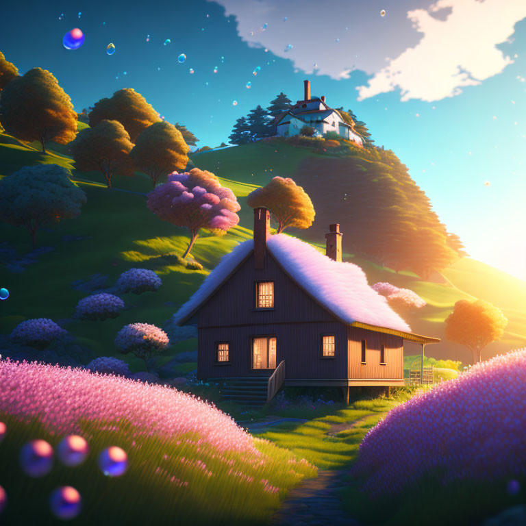 Vibrant landscape with cozy house, purple flowers, bubbles, trees, golden sunset.