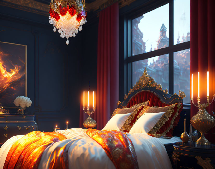 Luxurious Red and Gold Bedroom with Candles, Chandelier, and Traditional View