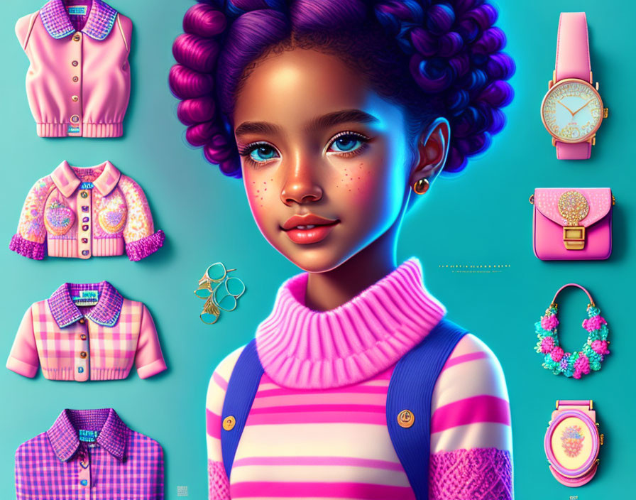 Digital Artwork Collage: Girl with Purple Hair & Pink Fashion Items