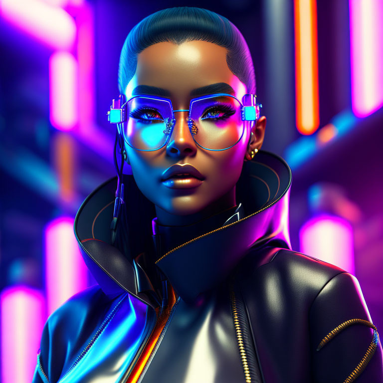 Digital artwork: Woman with glowing skin, vibrant makeup, neon lights, headphones, futuristic outfit