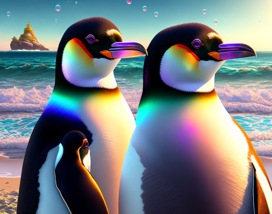 Colorful penguins with rainbow beaks on beach at sunset