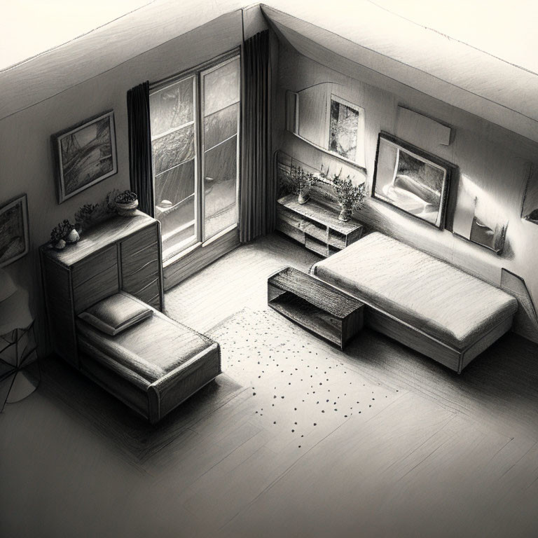 Monochrome sketch of cozy bedroom with bed, nightstand, plants, and window.