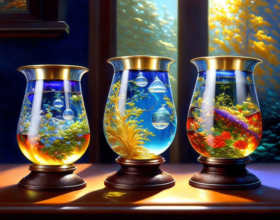 Colorful Fish and Plants in Vibrant Window Ledge Aquariums