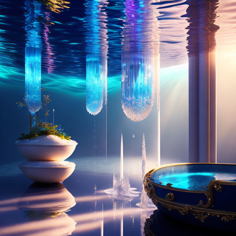 Underwater scene with floating islands and glowing water columns