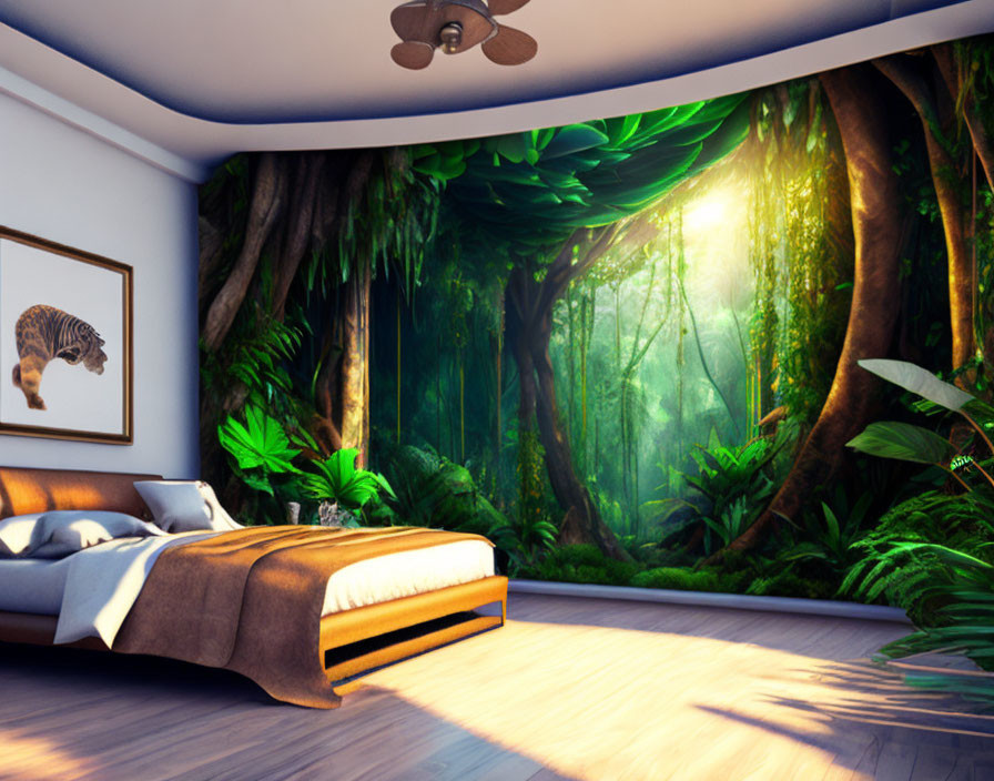 Modern Bedroom with Jungle-Themed Wall Mural