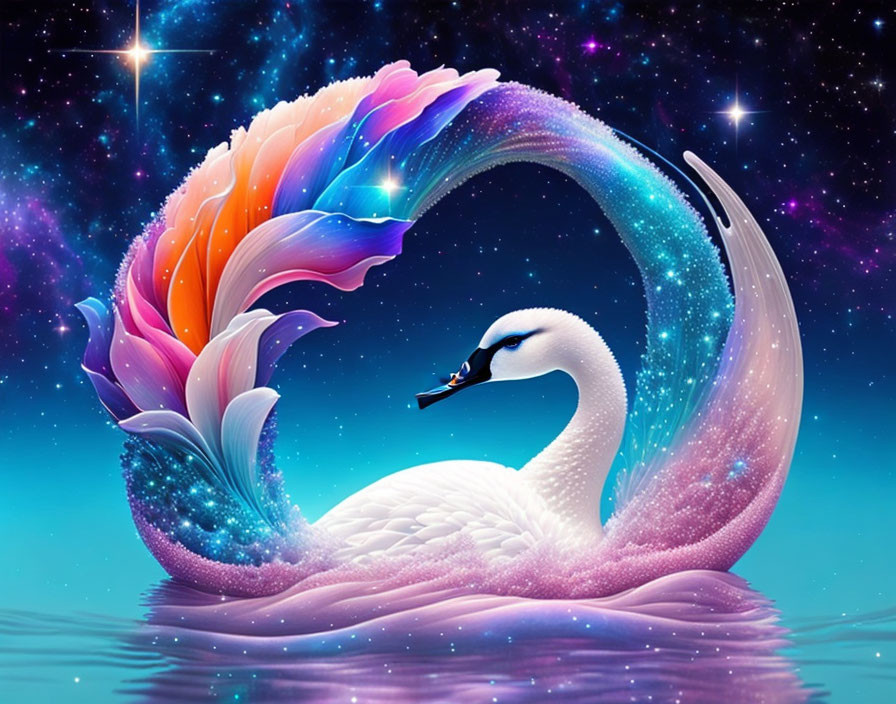 Colorful Swan with Rainbow Wings in Celestial Setting