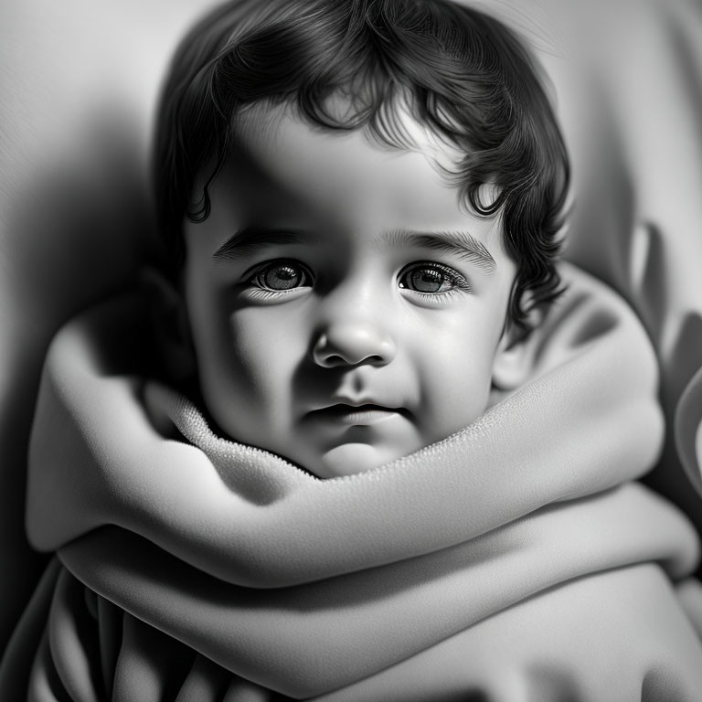 Curly-Haired Baby Wrapped in Blanket with Big Expressive Eyes