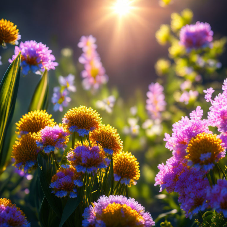 Colorful garden with yellow and pink flowers in sunlight glow