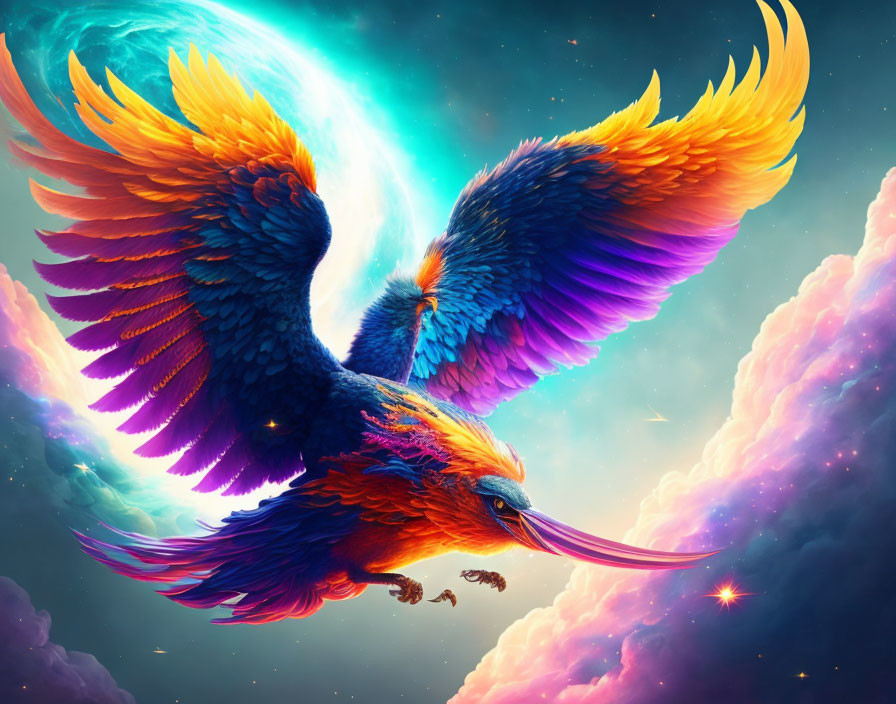 Colorful mythical bird flying through mystical sky with glowing wings and tail