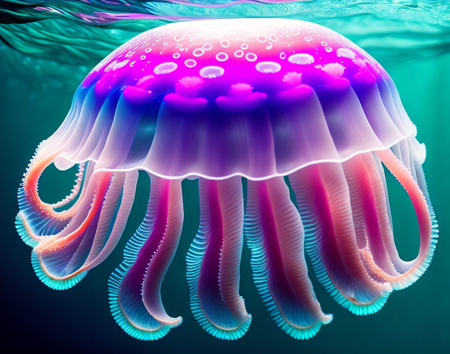 Vibrant jellyfish illustration in purple and pink hues underwater