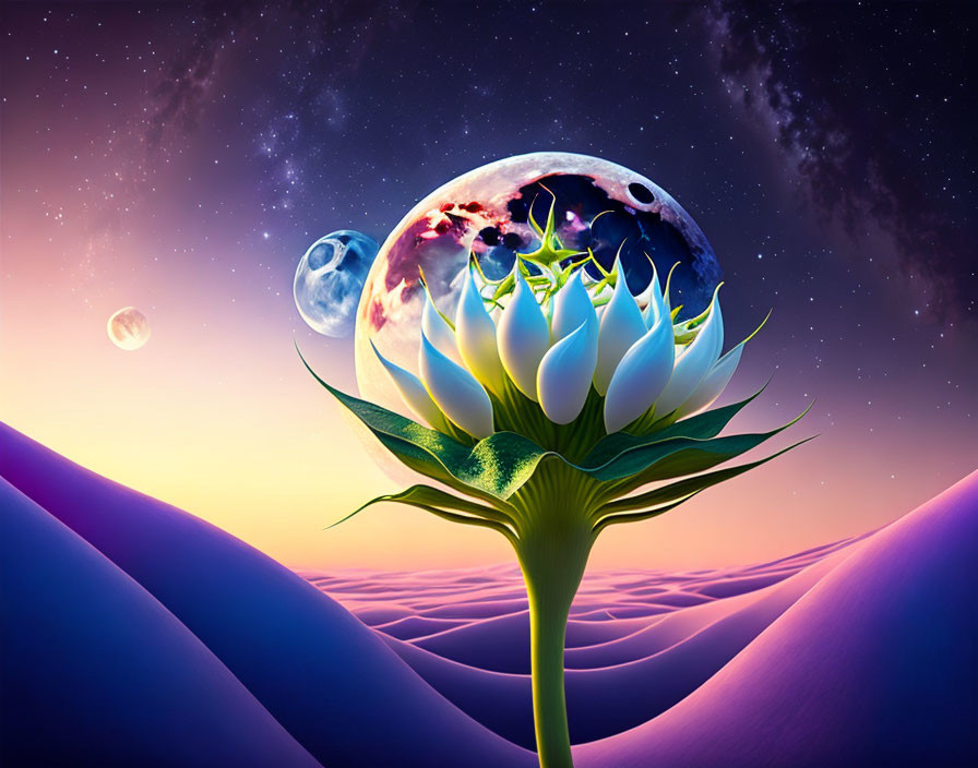 Surreal artwork: Flower blooming with planet petals in desert landscape