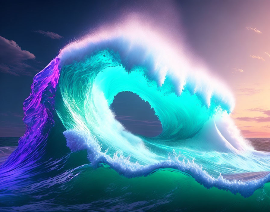 Colorful digital artwork: Massive ocean wave under pink sunset