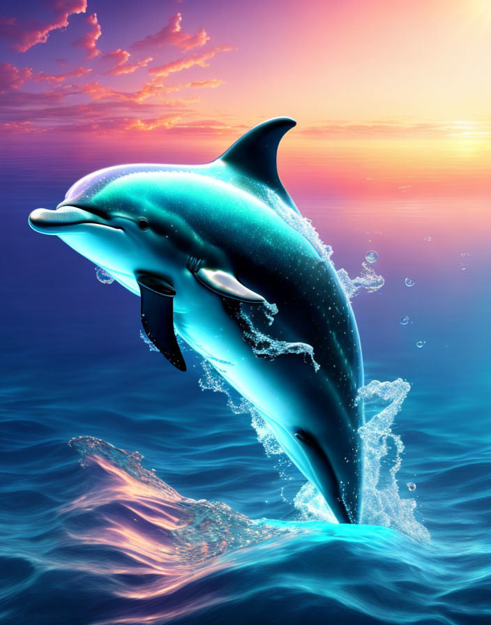 Dolphin leaping from ocean at sunset with splashes