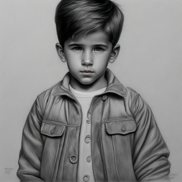 Monochrome portrait of serious young boy in collared shirt and jacket