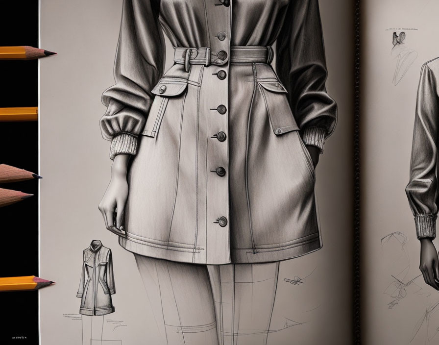 Detailed pencil sketch of a woman in belted trench coat with design variations.