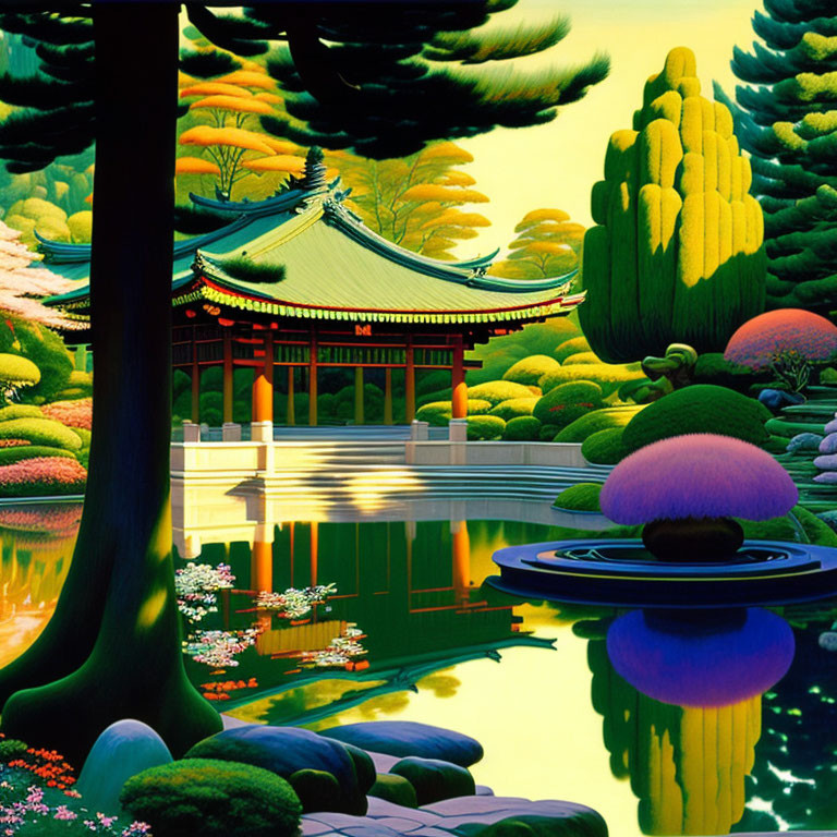 Traditional Japanese Pavilion Illustration with Reflective Pond & Lush Vegetation