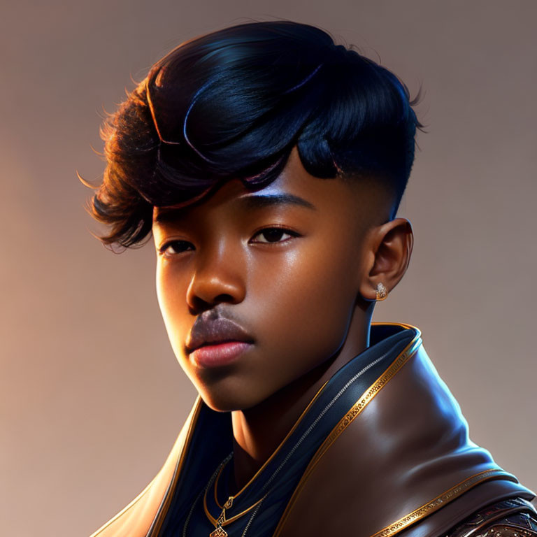 Stylized portrait of young person with modern hairstyle and leather jacket