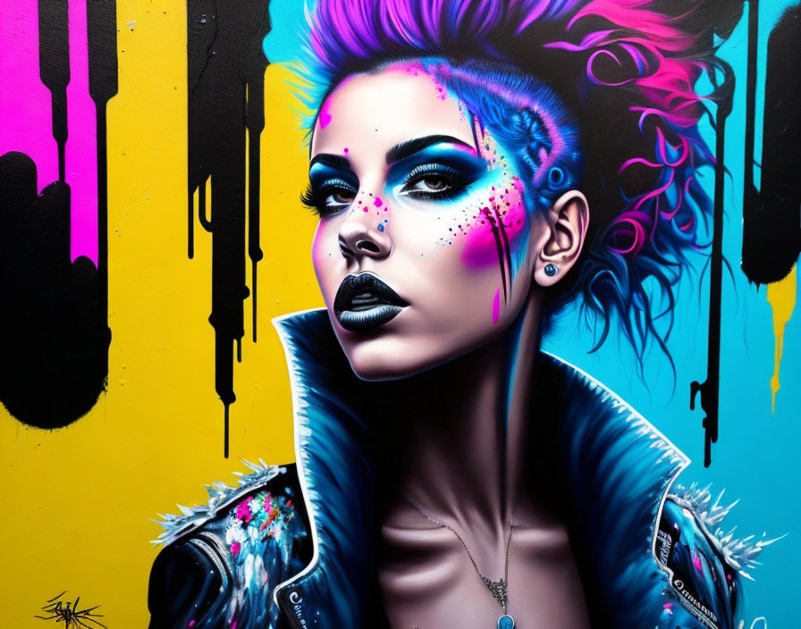 Colorful Street Art: Woman with Electric Blue Skin and Punk Pink Hair