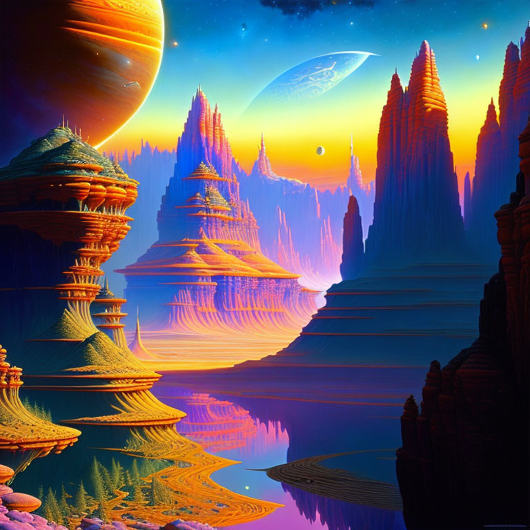 Futuristic sci-fi landscape with rock formations, water, planet, and spacecraft