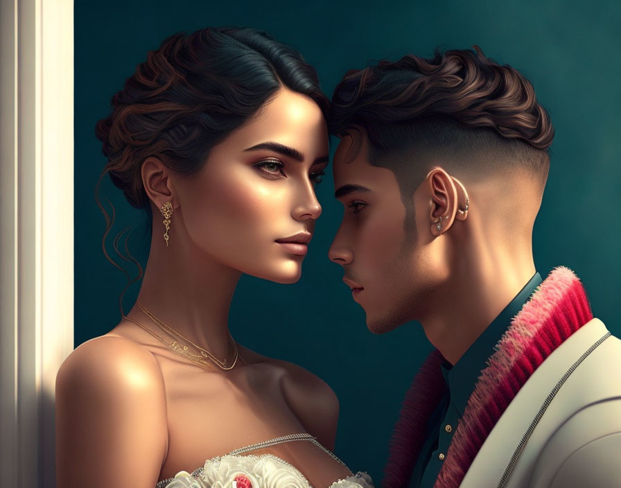 Realistic digital art: Man gazes at woman with dark hair and earrings