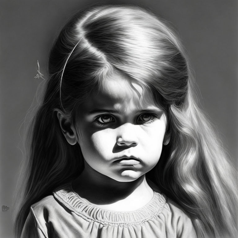 Monochrome sketch of contemplative young girl with long hair and hairband