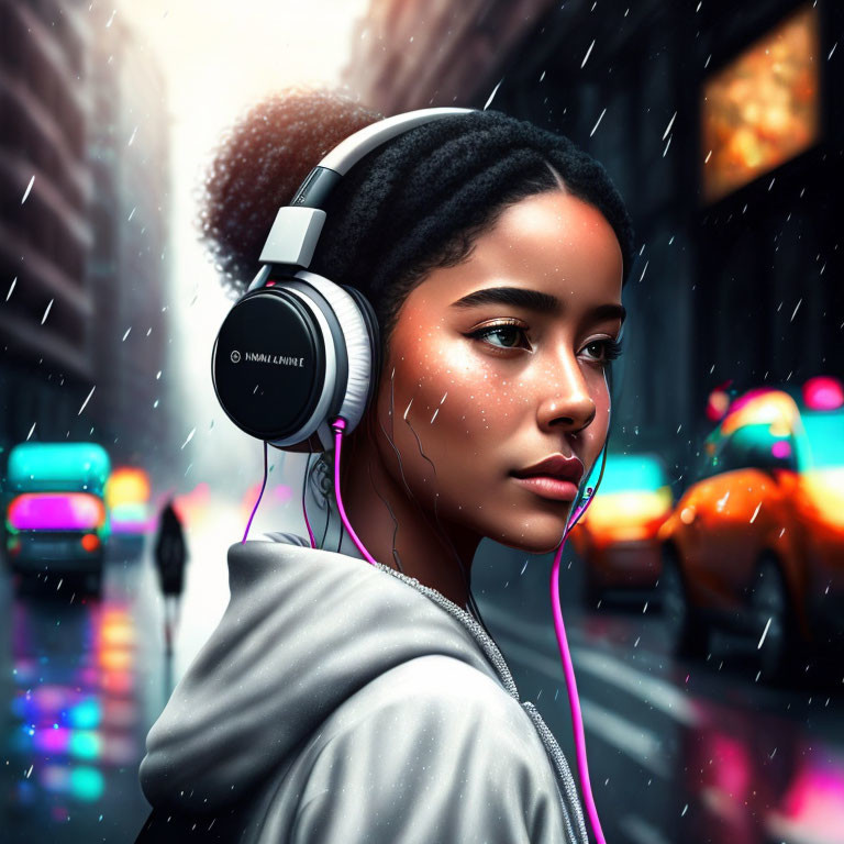 Woman listening to music in rain with city lights backdrop