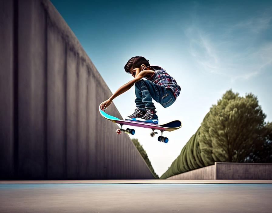 Skateboarder performing mid-air trick near concrete wall