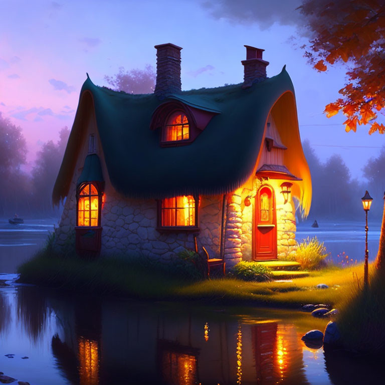 Enchanting cottage by serene river with glowing windows at twilight