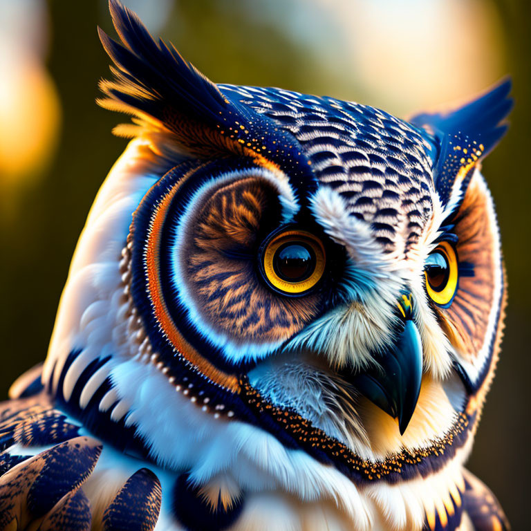 Vividly colored owl with striking yellow eyes and intricate feather patterns