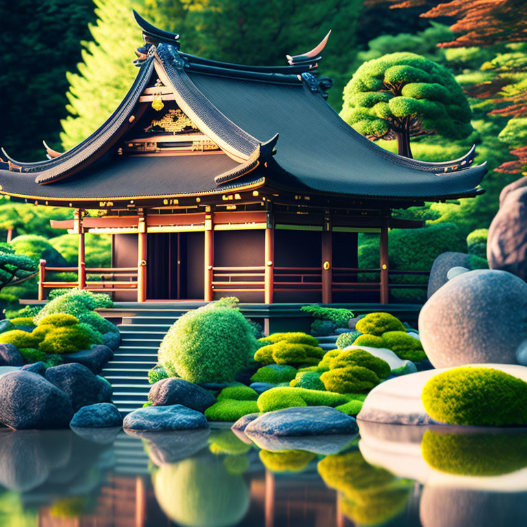 Japanese Temple with Curved Roofs Mirrored in Tranquil Water