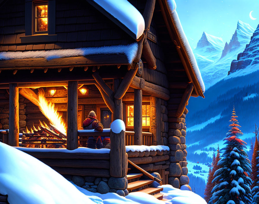 Snowy night scene: wooden cabin, glowing fireplace, snow-covered trees, mountain backdrop, starry