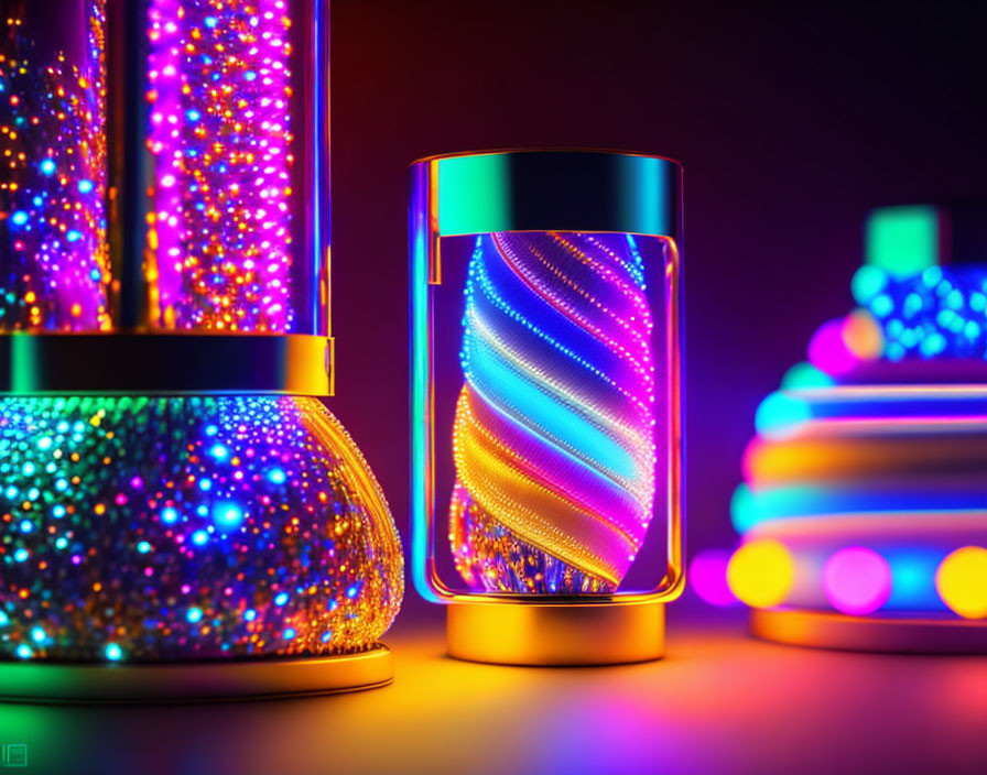 Vibrant neon lamps with futuristic design on dark background