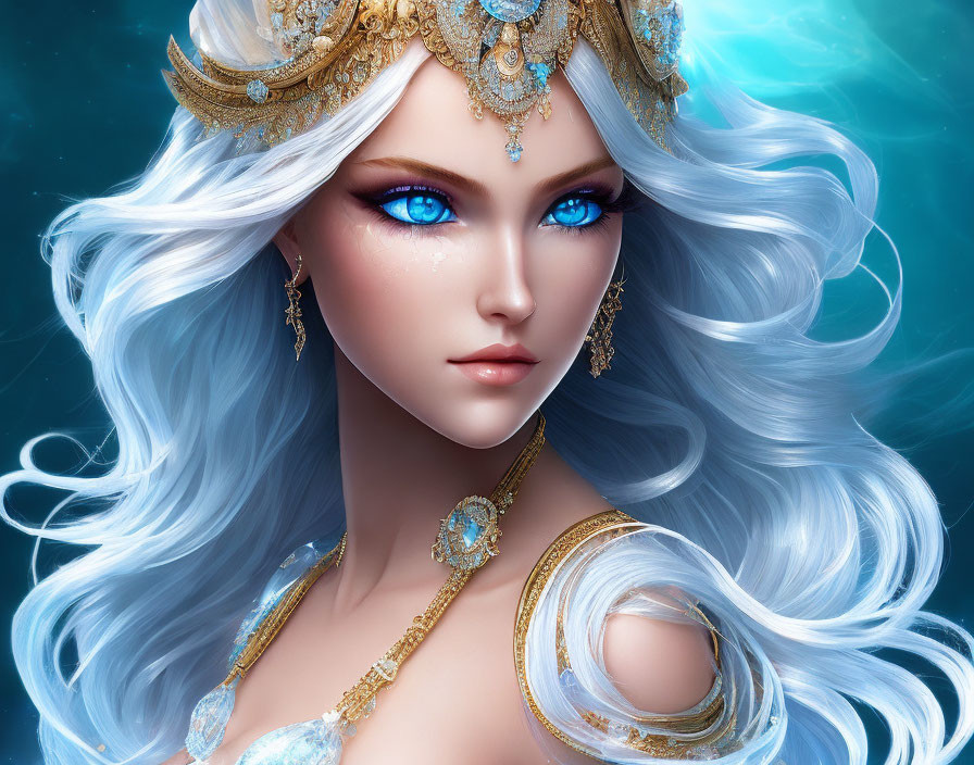 Fantasy illustration of woman with blue eyes, white hair, golden crown & jewelry