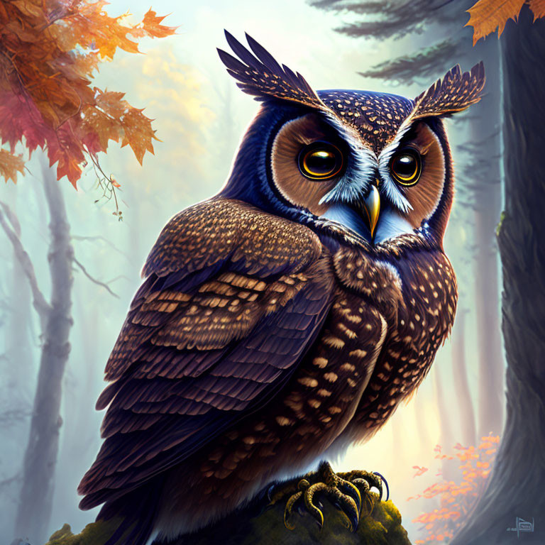 Detailed Brown Owl Perched in Misty Forest with Autumn Leaves