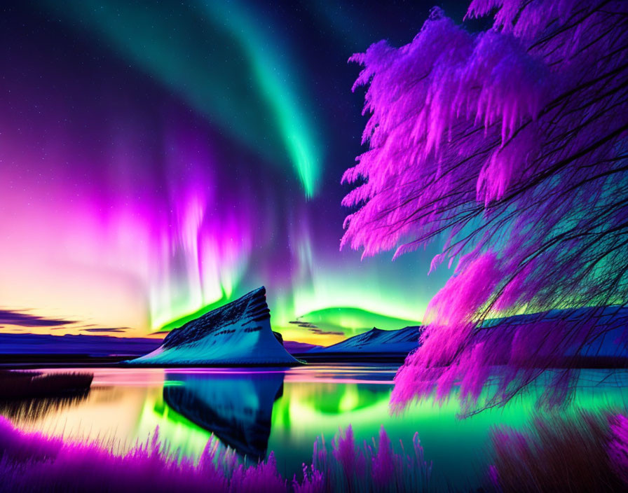 Northern Lights shimmer over snow-covered mountain and lake with pink tree silhouettes at dusk