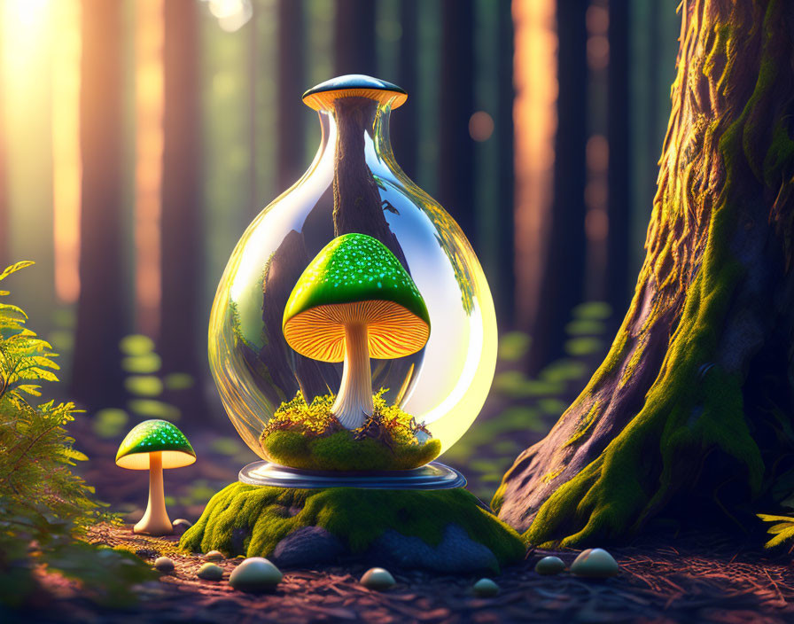 Glowing mushroom in twisted flask in lush forest setting