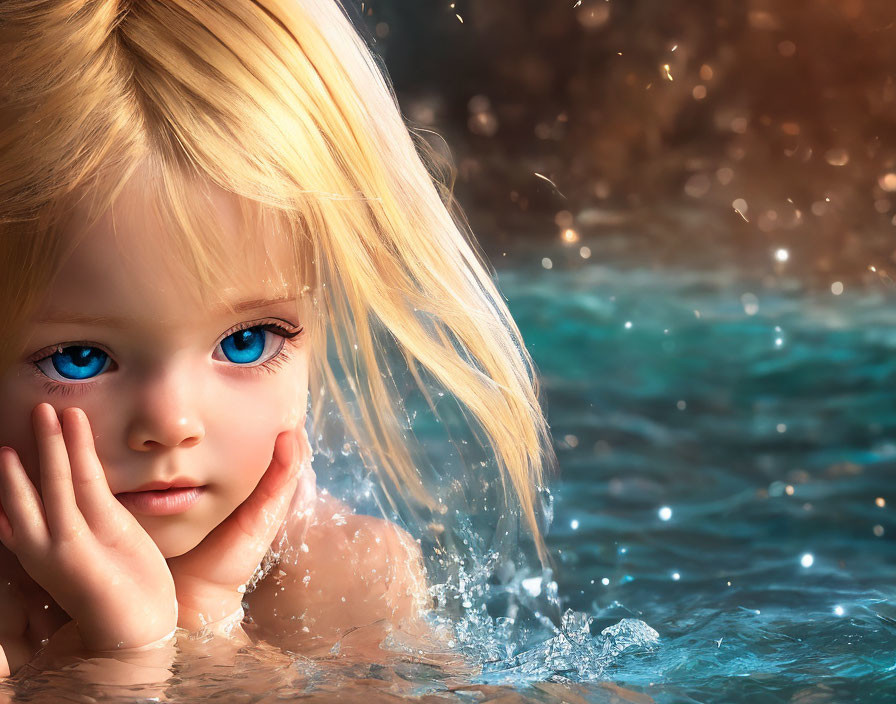 Young child with blue eyes and blonde hair by water's edge.