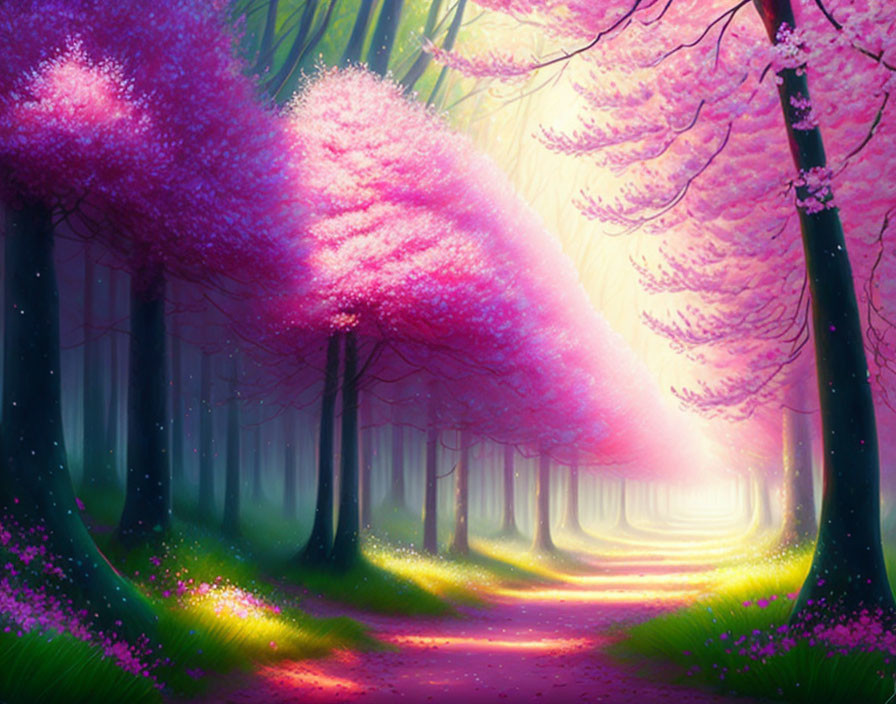 Enchanting Cherry Blossom Trees Along Sunlit Path