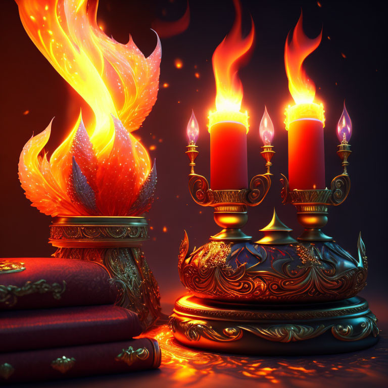 Ornate candles with mystical flames on elaborate stand beside red book